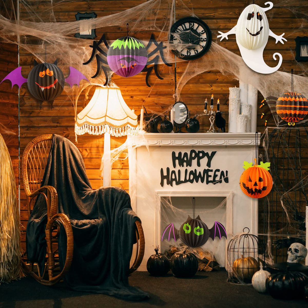 Jeyiour 6 Pack Halloween Paper Lanterns Hanging Decoration, 3D Honeycomb Spider Bat Pumpkin Paper Lantern Set, Foldable Jack O Lantern Party Decor for Indoor Outdoor Home Tree Halloween Display