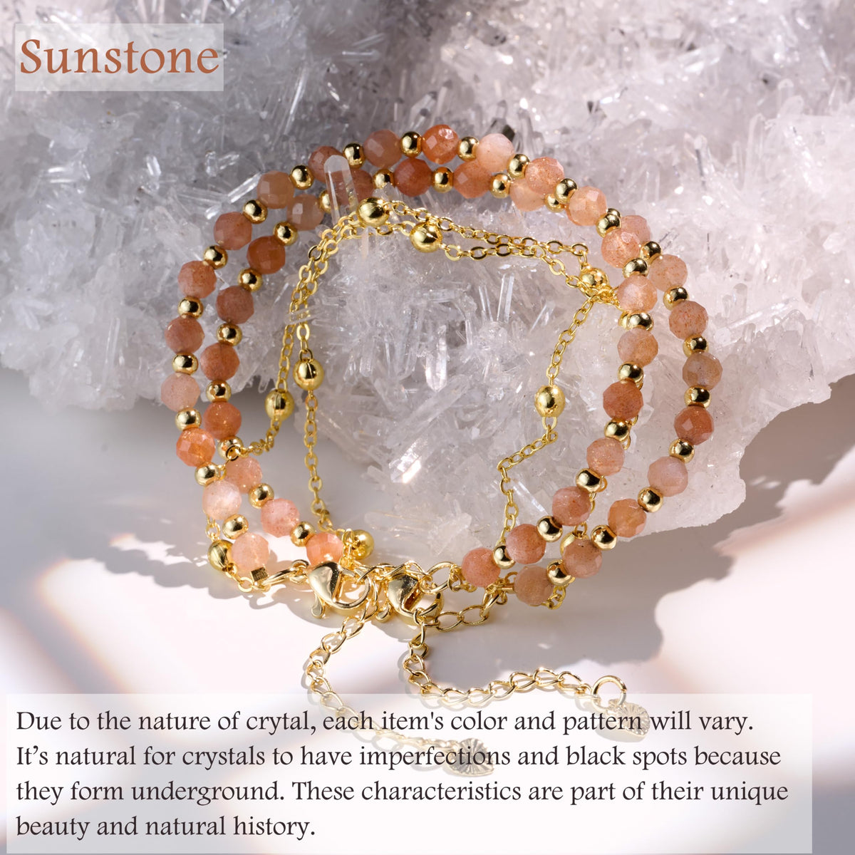 Farfume Sunstone Crystal Bracelet Beaded Bracelets for Women 4mm Natural Stone Beads Gemstone Handmade Jewelry Valentine's Day Gifts