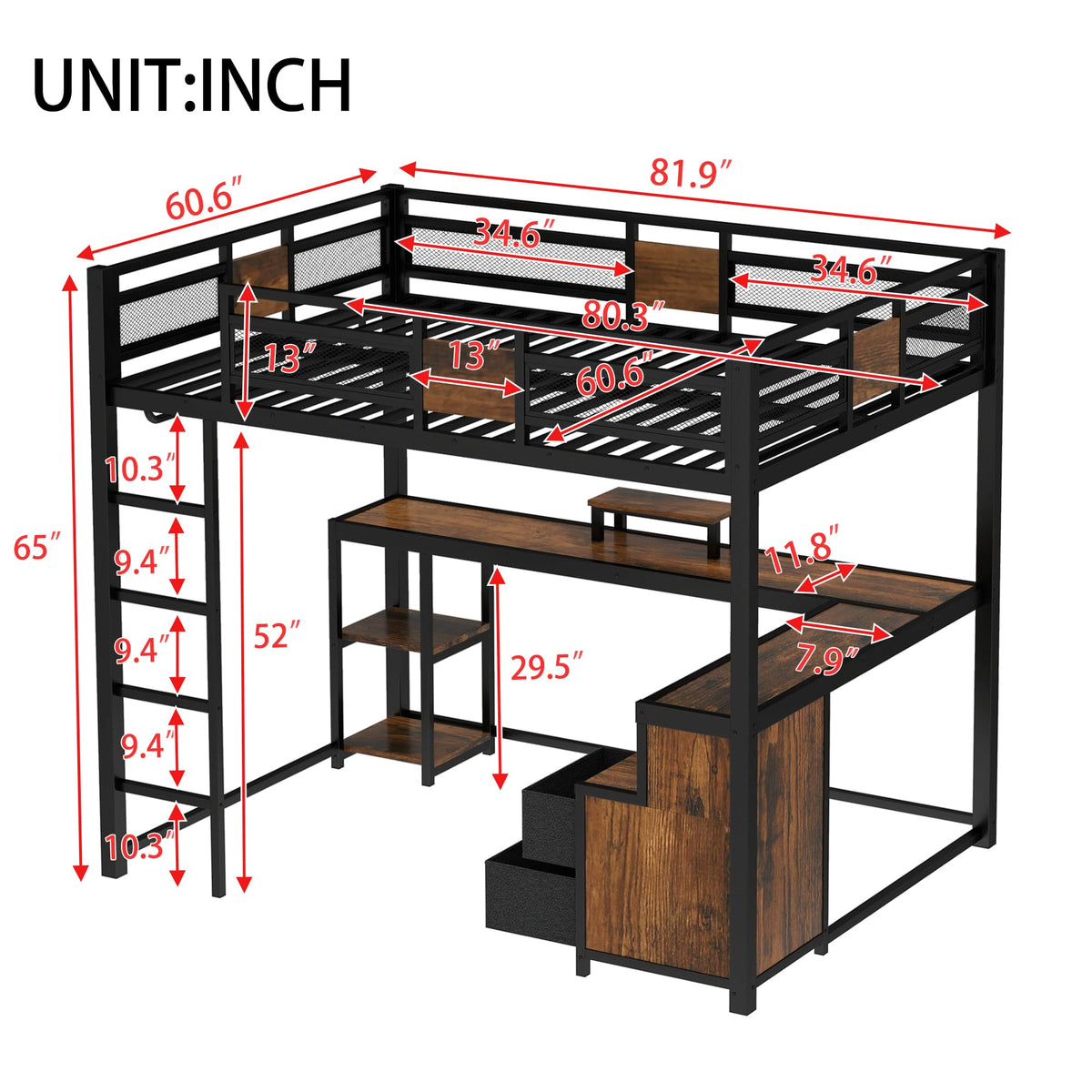 Bellemave Queen Loft Bed with L-Shaped Desk and Storage Drawers, Queen Size Loft Bed Frame with Computer Monitor Stand, Corner Shelf and Hanger Rod, Adults Loft Beds Nosie-Free, Black