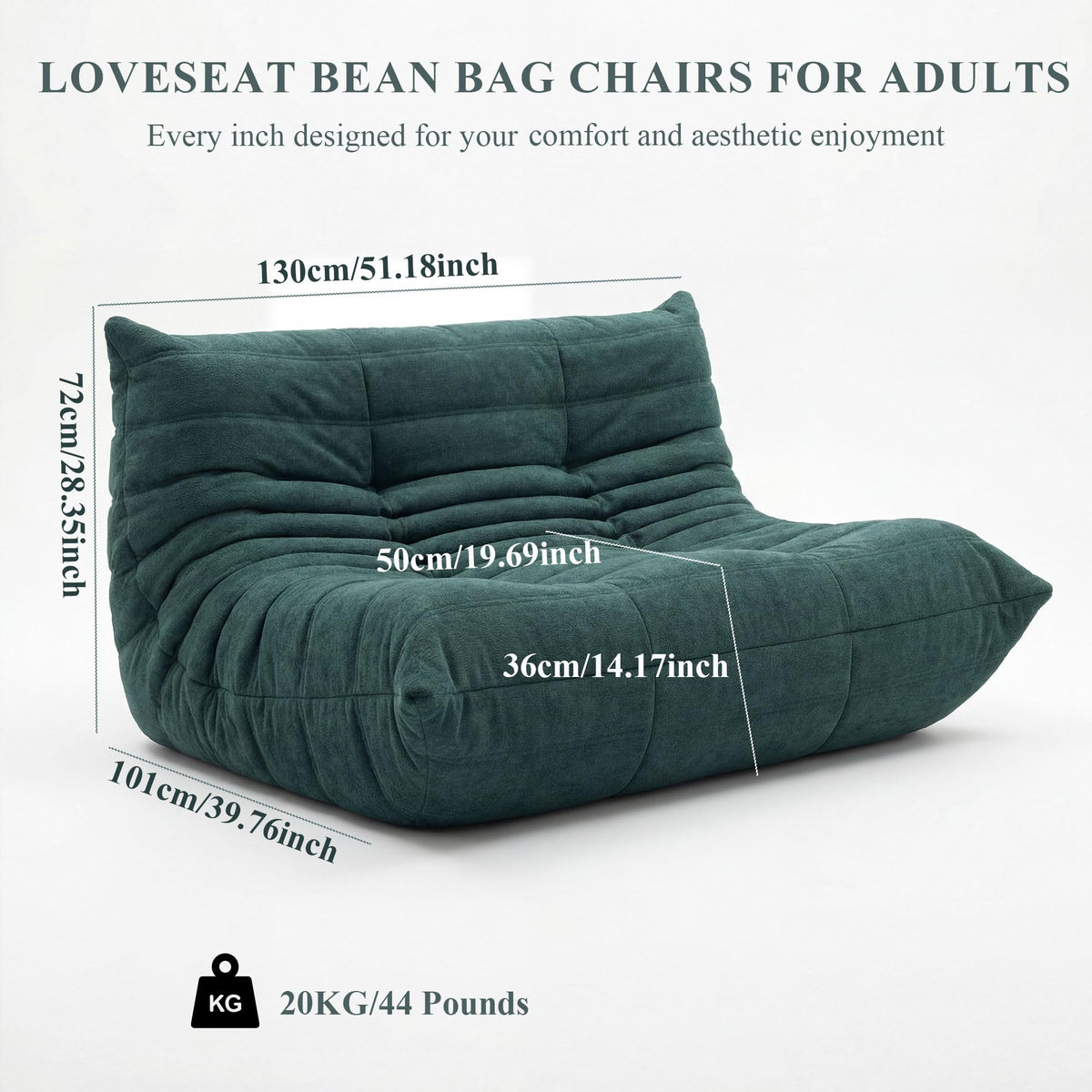 Bean Bag Loveseat for Adults, 51.18" Double Floor Lounge Sofa with Reinforced Armrests, 30D High-Density Foam Support, Premium 450G Velvet Soft Seating for Living Room & Bedroom, Dark Green