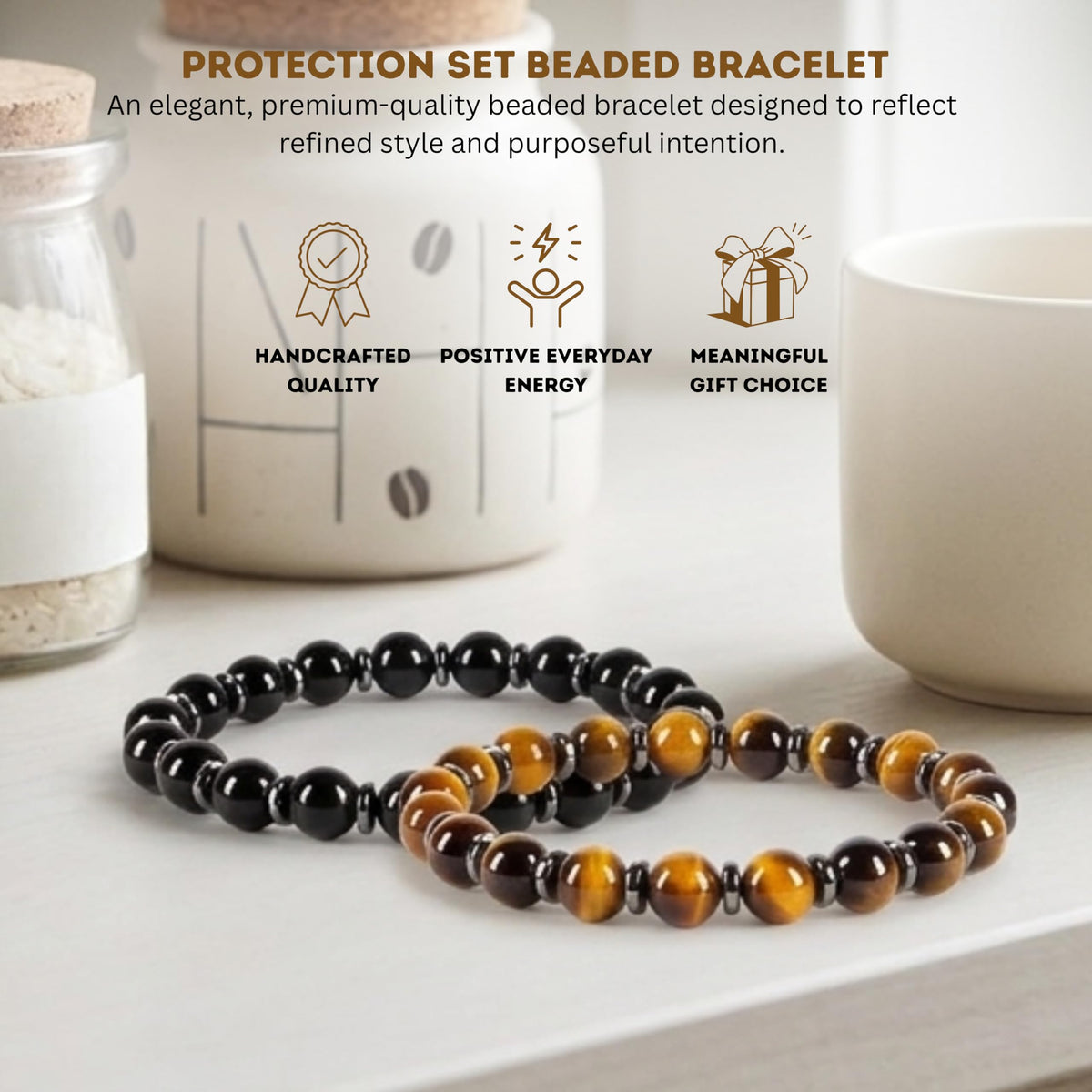Cherry Tree Collection Protection Set (Black Obsidian & Tiger’s Eye) – Genuine 8mm Gemstone Stretch Bracelet for Men & Women – Handmade Crystal Bracelet - (Protection Set - S)