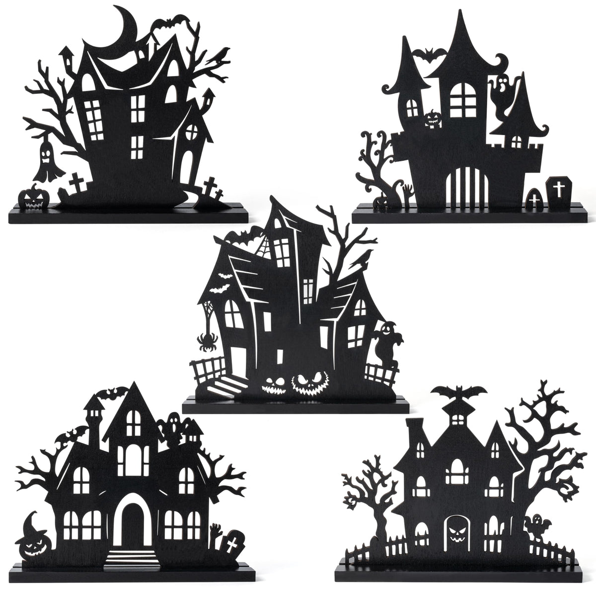 WATINC Halloween Wooden Centerpiece Decorations - 5Pcs Silhouette Haunted House Wood Tabletop Decor, Black Sketch Ghost Pumpkin Boo Detachable Tiered Tray Signs Tables Topper for Home Kitchen Party