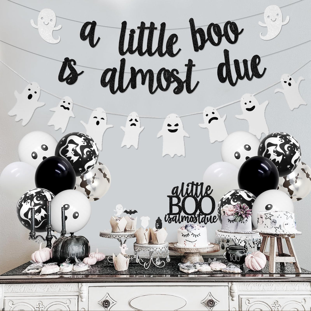 Balterever a Little Boo is Almost Due Baby Shower Decoration Black White Halloween Baby Shower Decor with a Little Boo is Almost Due Banner Garland Cupcake Cake Topper for Halloween Gender Reveal