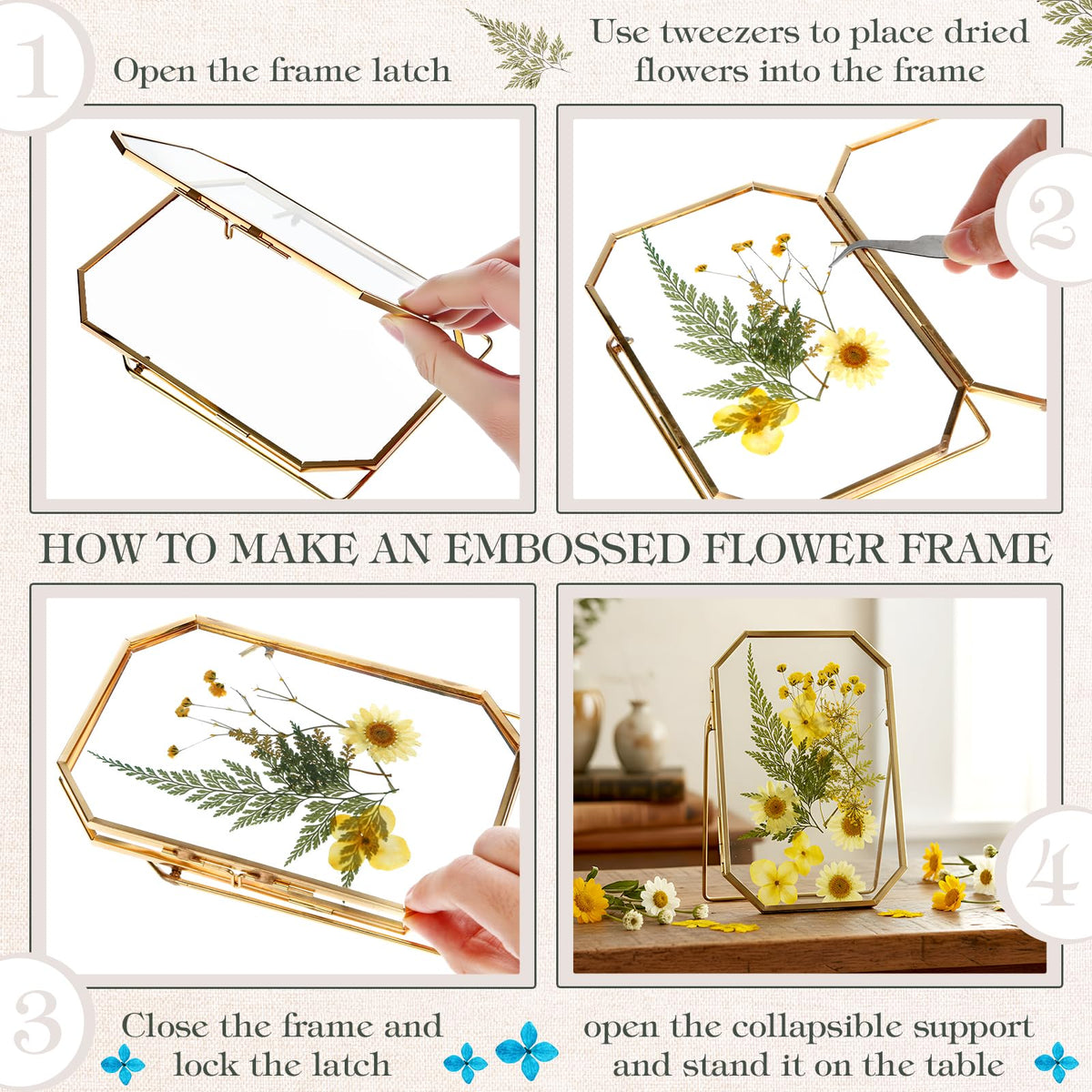 Amyhill 2 Pcs Glass Pressed Flower Frame with Dried Pressed Flowers, Brass Double Glass Photo Frame Includes 72 Pcs Real Dried Flowers, 65 Piece Butterfly Stickers and Tweezer for Handicrafts