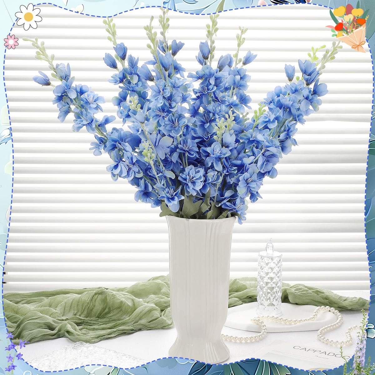 Ovveroche 10 Pcs Delphinium Artificial Flowers for Decoration, 33.86 Inch Long Stem Larkspur Fake Flowers Light Blue Faux Silk Bouquets for Tall Vase Wedding Home Decor Floral Arrangements(Dark Blue)