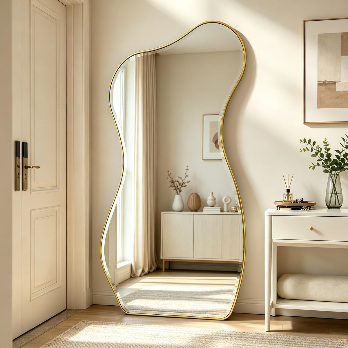 POZINO Irregular Beveled Mirror Full Length, 66.8"x33.5" Asymmetrical Aesthetic Wall Mirror with Metal Frame, Premium Organic Floor Mirrors for Living Room Entryway Cloakroom, Leaning/Wall-Mount