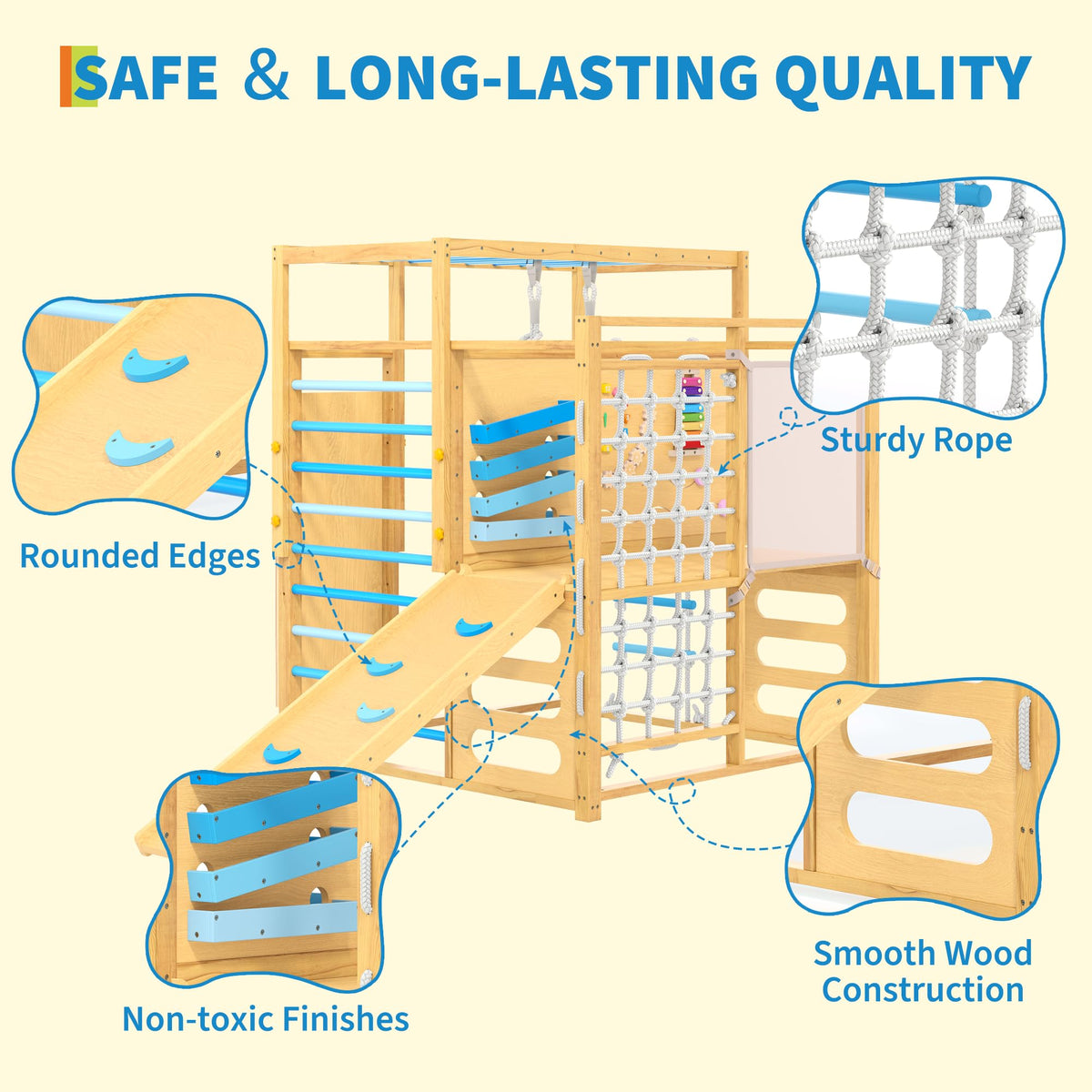 Garvee 9-in-1 Indoor Jungle Gym, Montessori Wooden Indoor Playground for Kids 2-8, Wooden Climbing Structure with Slide, Monkey Bars, Rope Ladder, Rock Wall, Climbing Net, Rings - Natural Wood Blue