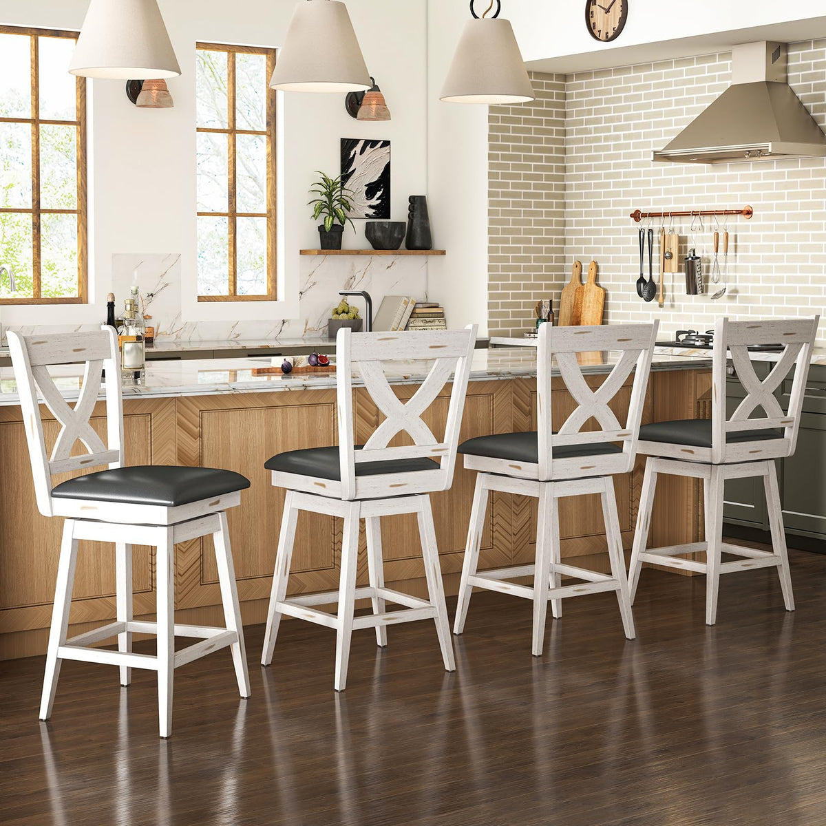 Callales Swivel Bar Stools Set of 4, Farmhouse 24" Counter Height Barstools with X Carved Backs, Wooden Bar Chair with Solid Wood Legs & Footrest for Kitchen Island, Home Bar, Pub. Antique White