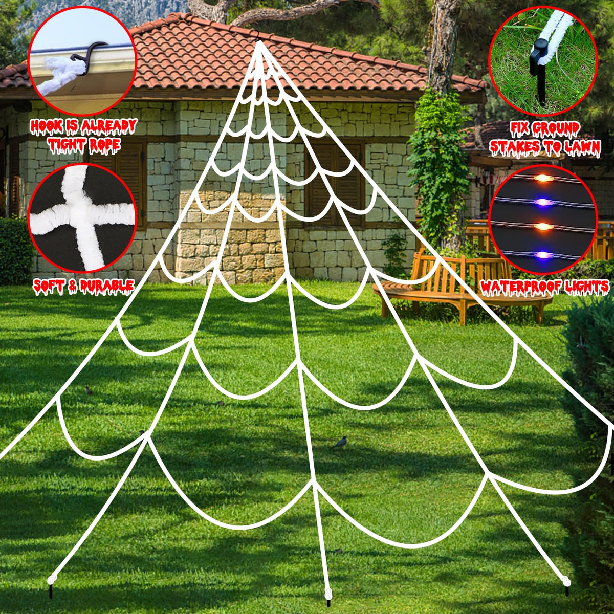 Halloween Decorations Outdoor Spiders Web Lights: 150 Purple & Orange LED Light Decor, 17.4Ft Giant Spiderweb with 8 Lighting Modes Waterproof & Timer, Yard Spider Web Decoration