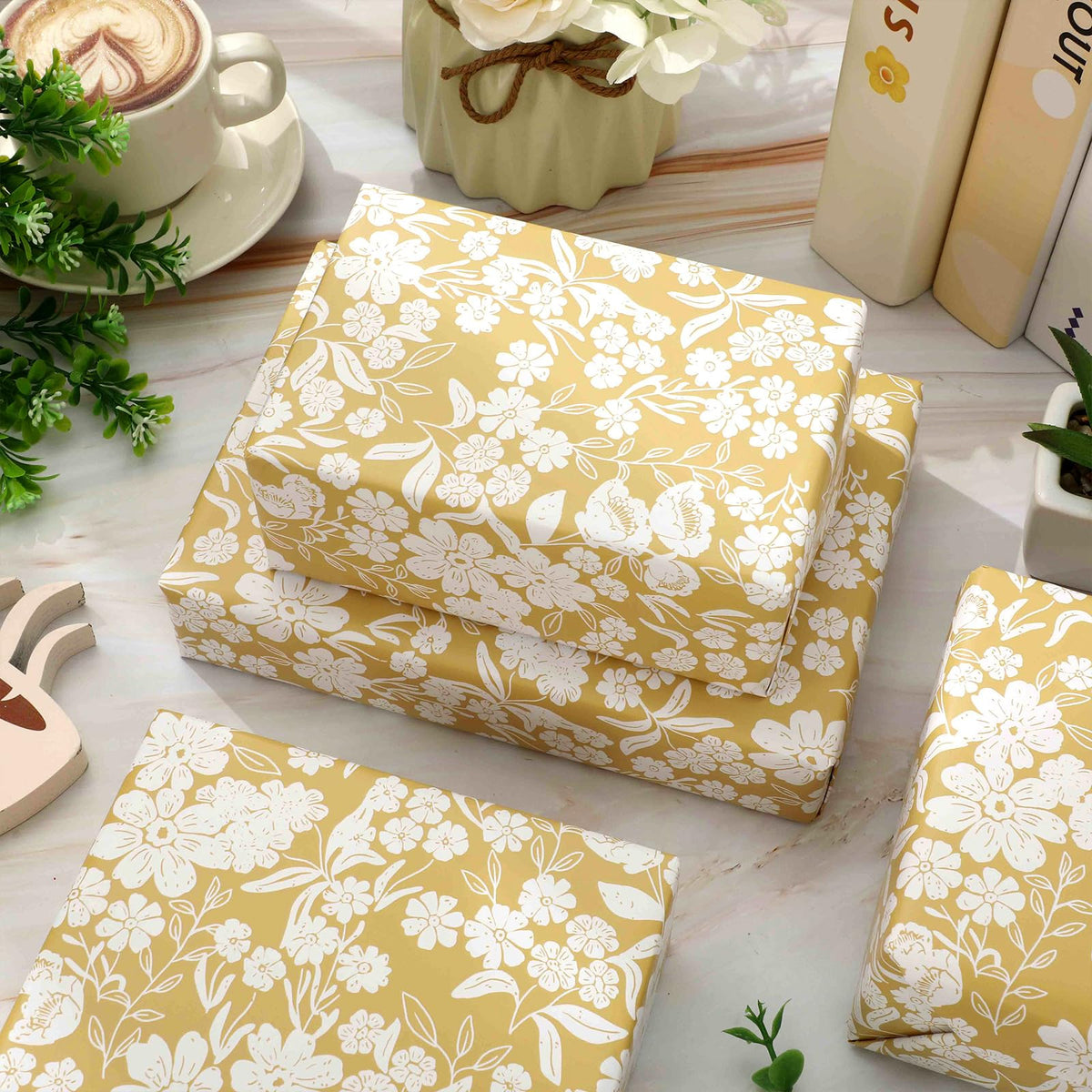 JarThenaAMCS Floral Wrapping Paper - Mini Roll - 17 In x 32.8 Ft Spring Yellow Flower Botanical Gift Wrap Paper for DIY Art Crafts Wedding Birthday Holiday Party Supplies