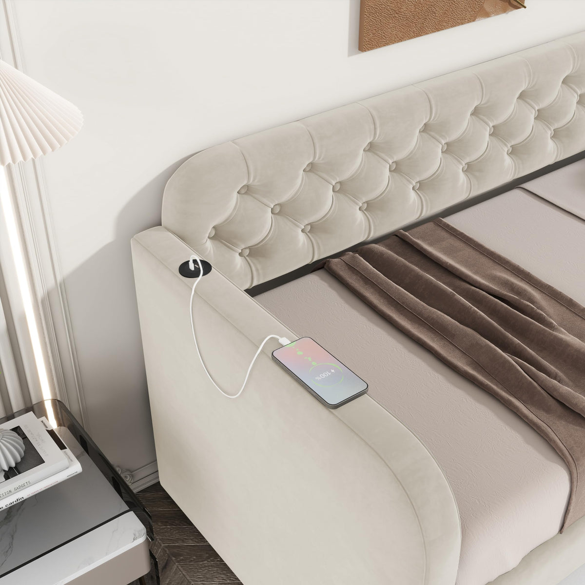 GDFStudio Twin Size Daybed with Trundle, Velvet Upholstered Twin Bed Frame with Headboard & USB Charging Station, Tufted Wood Platform Sofa Bed, Solid Slap Sofa Bed, No Box Spring Needed, Light Beige