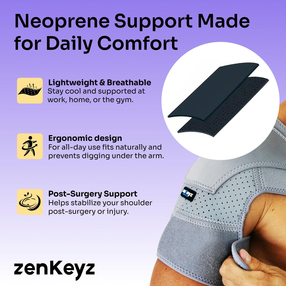 ZENKEYZ Shoulder Brace for Men & Women - Size S/M (Chest 28-38") - Gray Neoprene Compression Sleeve - Adjustable Strap for Rotator Cuff & Joint Stability - Integrated Ice/Heat Pocket - Ambidextrous Support