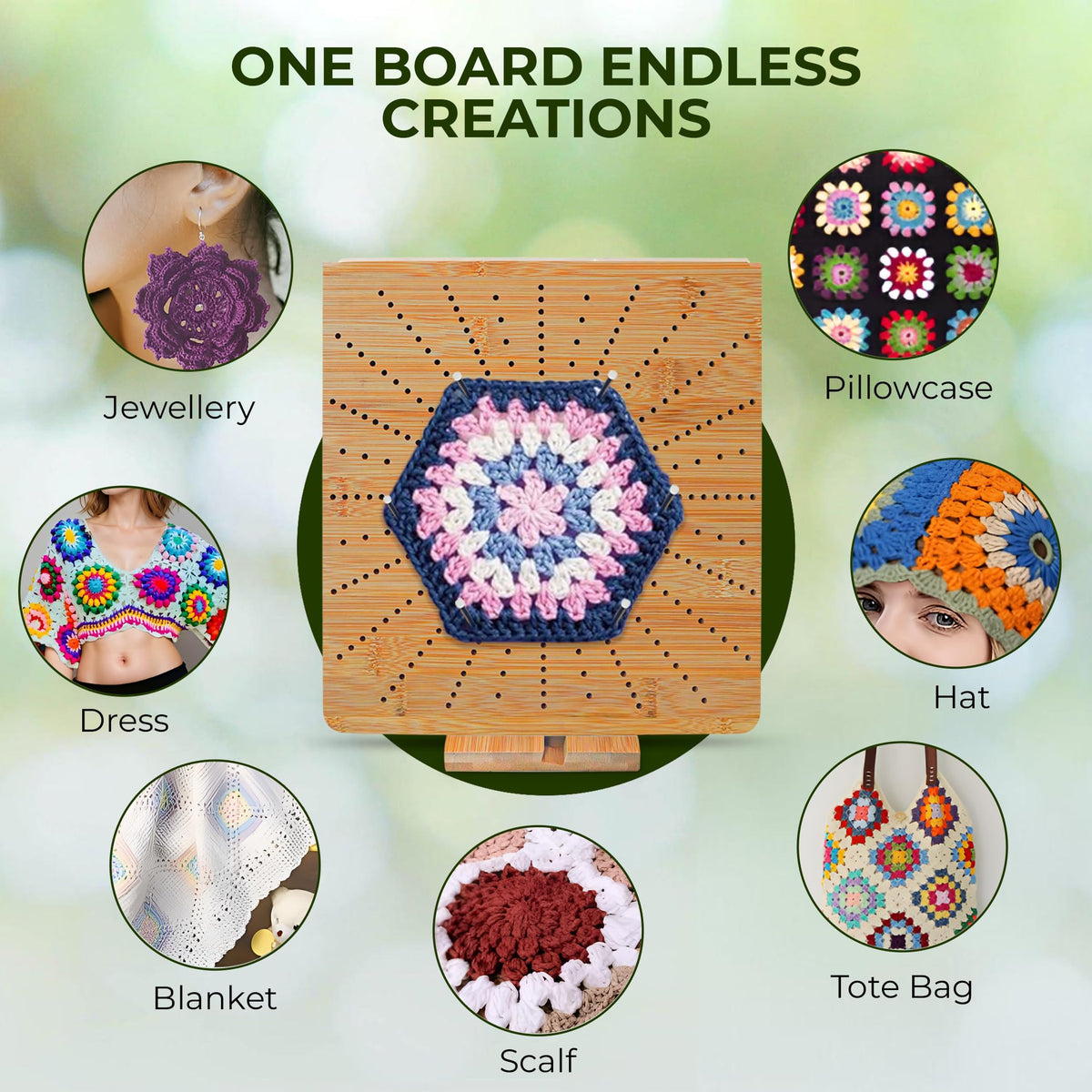 FRAVI Foldable Bamboo Crochet Blocking Board Kit – Dual-Sided Square & Circular Grid 22 × 11 in, 40 Pins + 100 Tools + 5 Yarn Skeins – All-in-One Crochet & Knitting Kit for Beginners & Crafters
