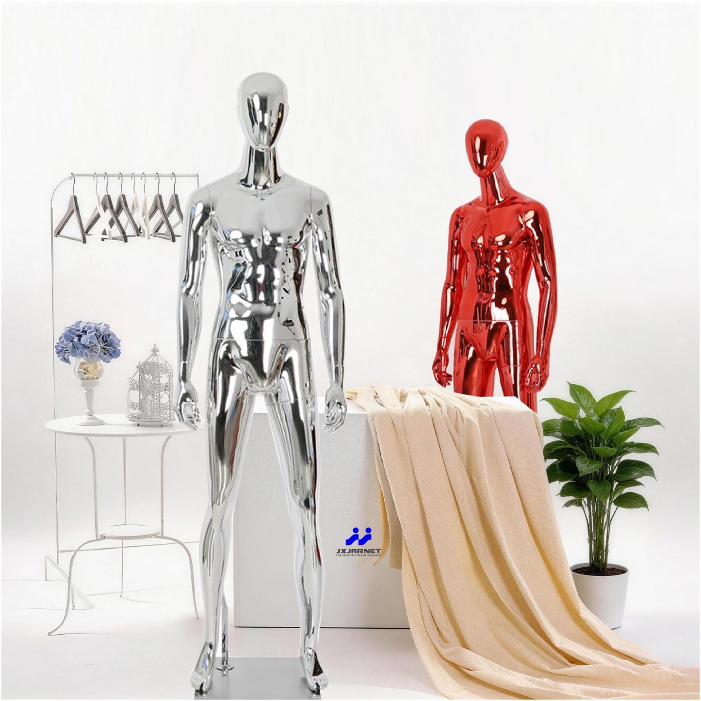 Full Body Male Mannequin with Chrome Metallic Finish, Fiberglass Abstract Dress Form with Posable Head, Futuristic Retail Display Dummy with Metal Base for Men's Fashion Window(Chrome Silver)
