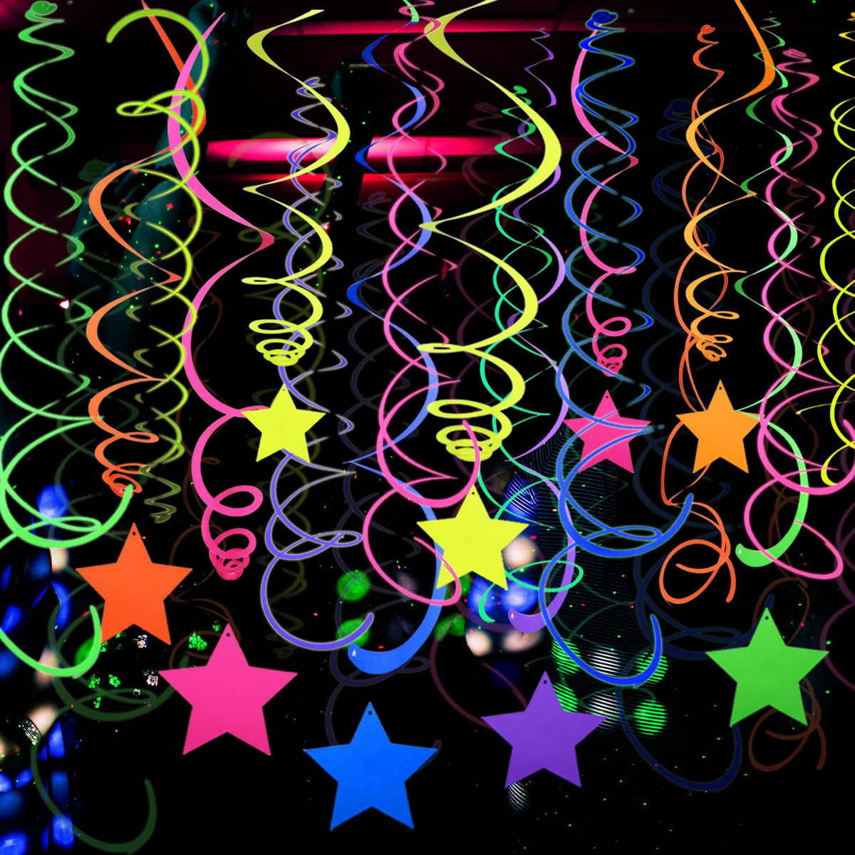 56 Pieces UV Hanging Swirls Decorations Paper Neon Streamer for Ceiling Star Neon Garlands Black Light Neon Decorations for Dark Glow Party Supplies and Decorations Birthday Neon Party Favors