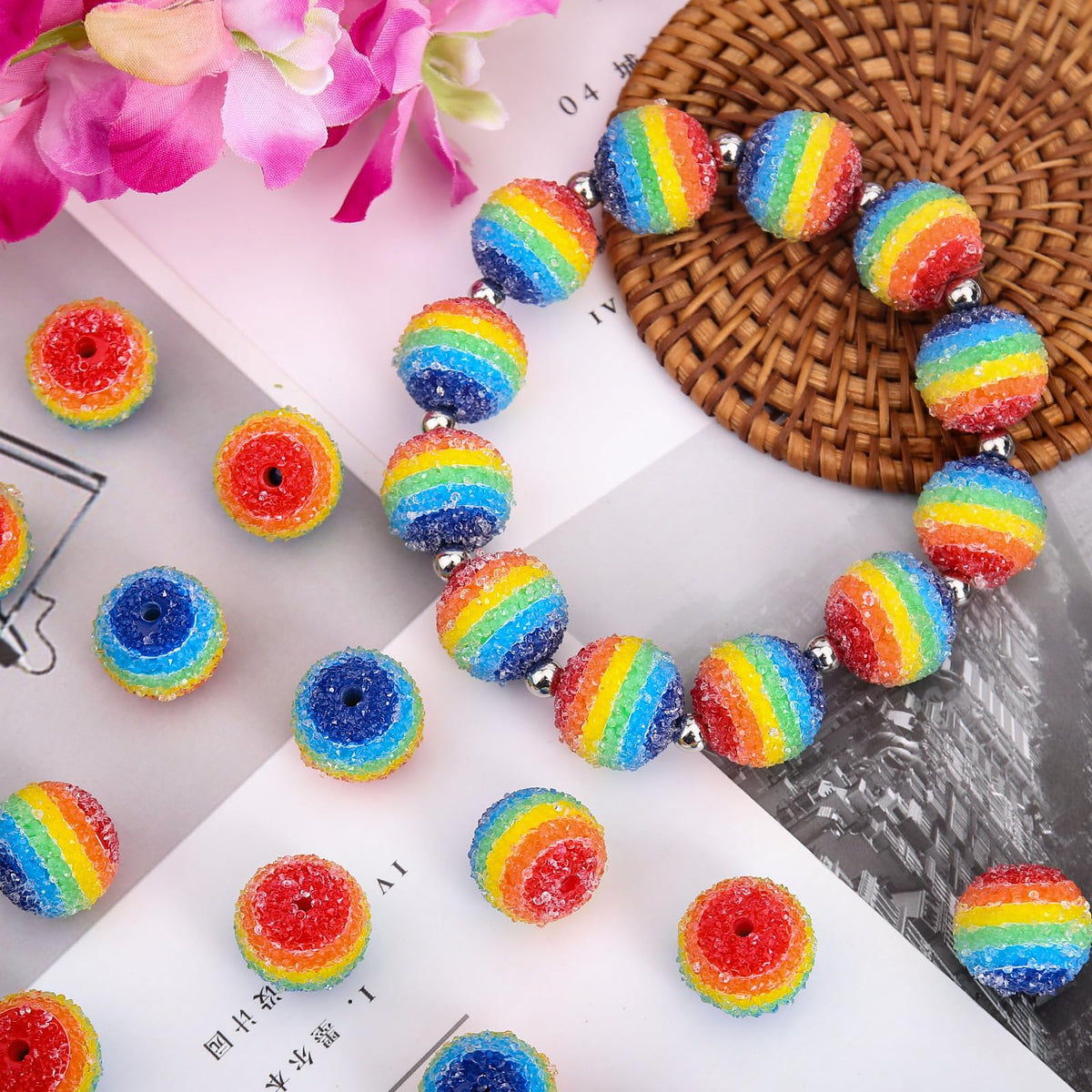 30PCs 20MM Chunky Resin Rhinestone Beads Round Disco Ball Bubblegum Beads for Women Necklace Bracelet Jewelry Making Phone Lanyard Hair Accessories DIY Crafts (Rainbow)