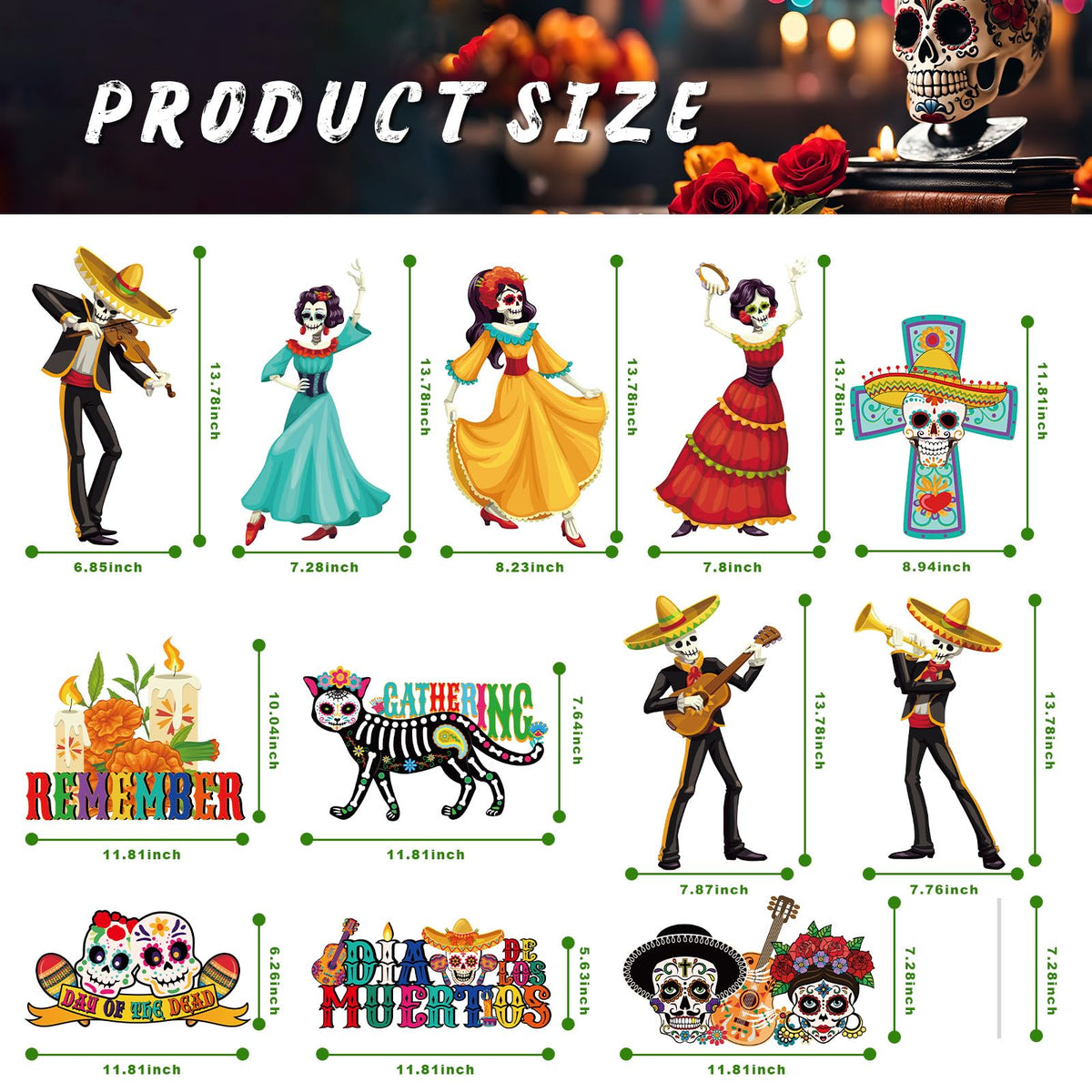 Amyhill 12 Pcs Day of the Dead Yard Decorations Halloween Outdoor Signs Decorations Dia De Los Muertos Decor Sugar Skull Sign Waterproof Mexican Fiesta Festival Party Supplies for Garden Lawn Patio