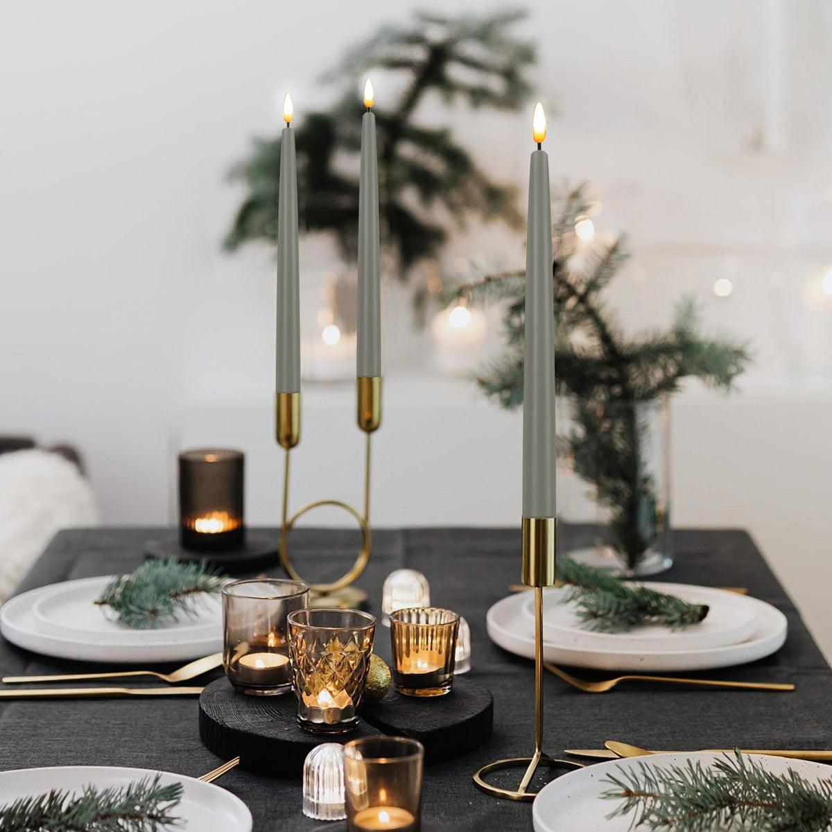 CVHOMEDECO. Flameless Taper Candles with 10-Key Remote, Battery Operated Led Flickering 3D Wick Window Candles Real Wax Finished Home Christmas Party Decor 0.78 x 11 Inch, Pack of 3, Grey