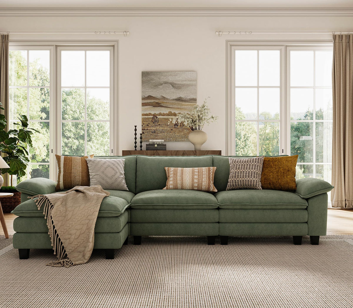LINSY HOME 123'' Modular Sectional Sofa Green Couch Corduroy Cloud Couches for Living Room, L Shaped Couch with Movable Ottoman, Modern Cloud Sectional Sofas for Bedroom and Apartment, Green