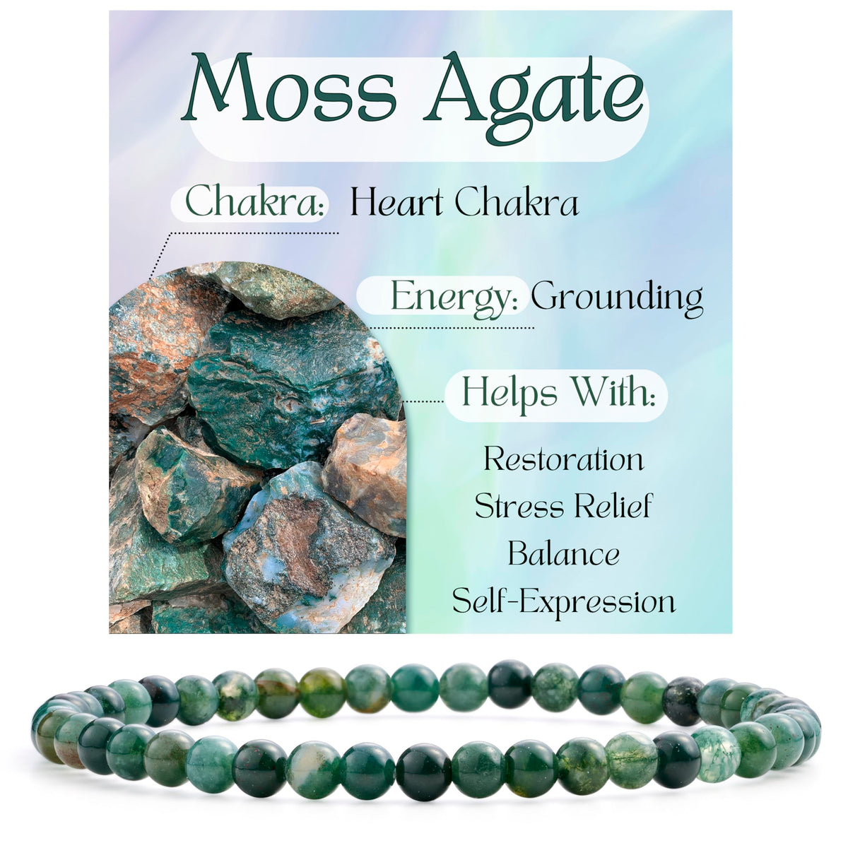 Bivei Moss Agate - Grounding - 4mm Beaded Bracelets for Women Handmade Semi Precious Natural Stone Stretch Elastic Jewelry Yoga Protection Gifts Small