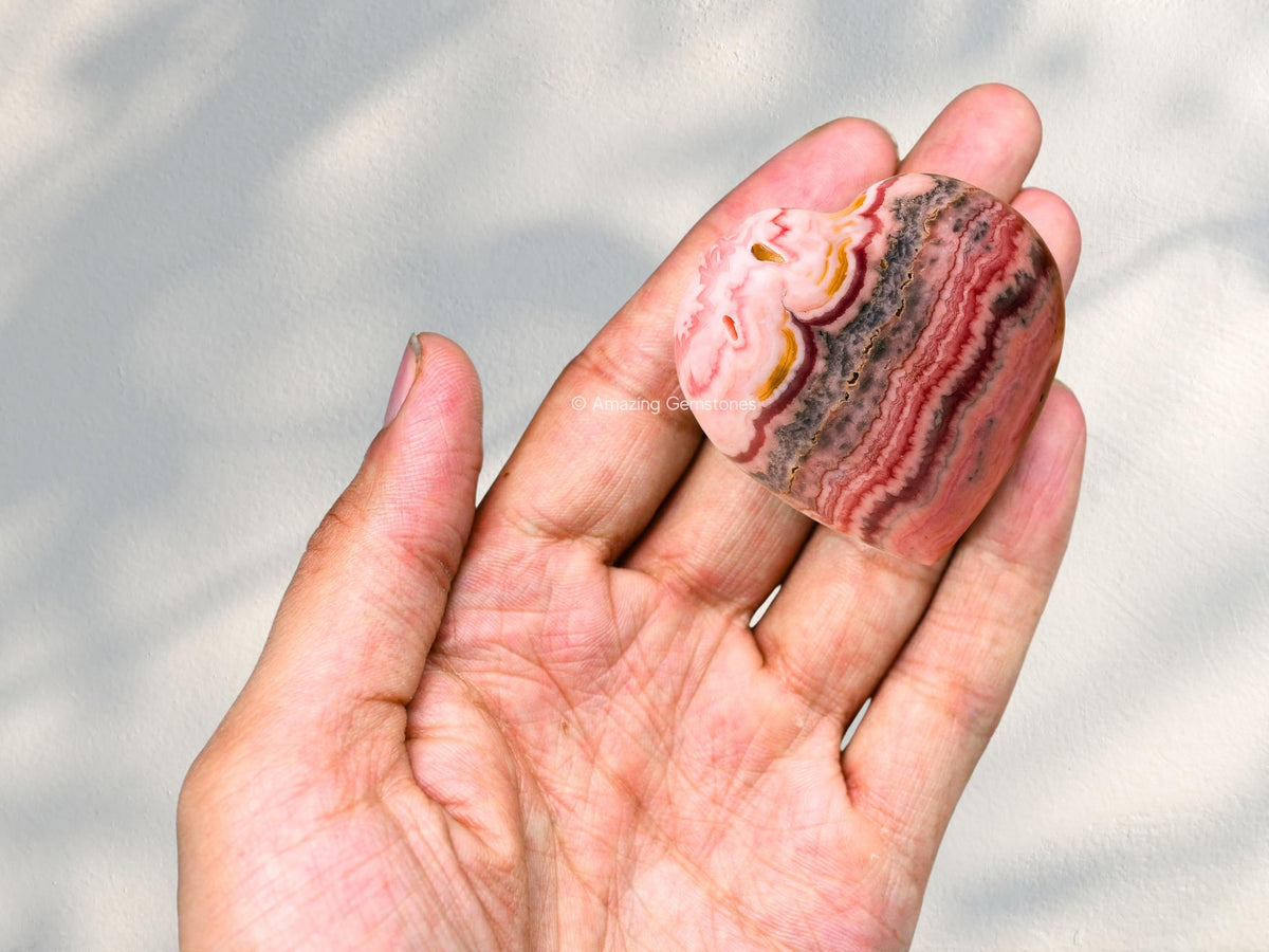 Rhodochrosite Crystal Heart Palm Stone - Pocket Massage Worry Stone for Natural Body Chakra Balancing, Reiki Healing and Crystal Grid