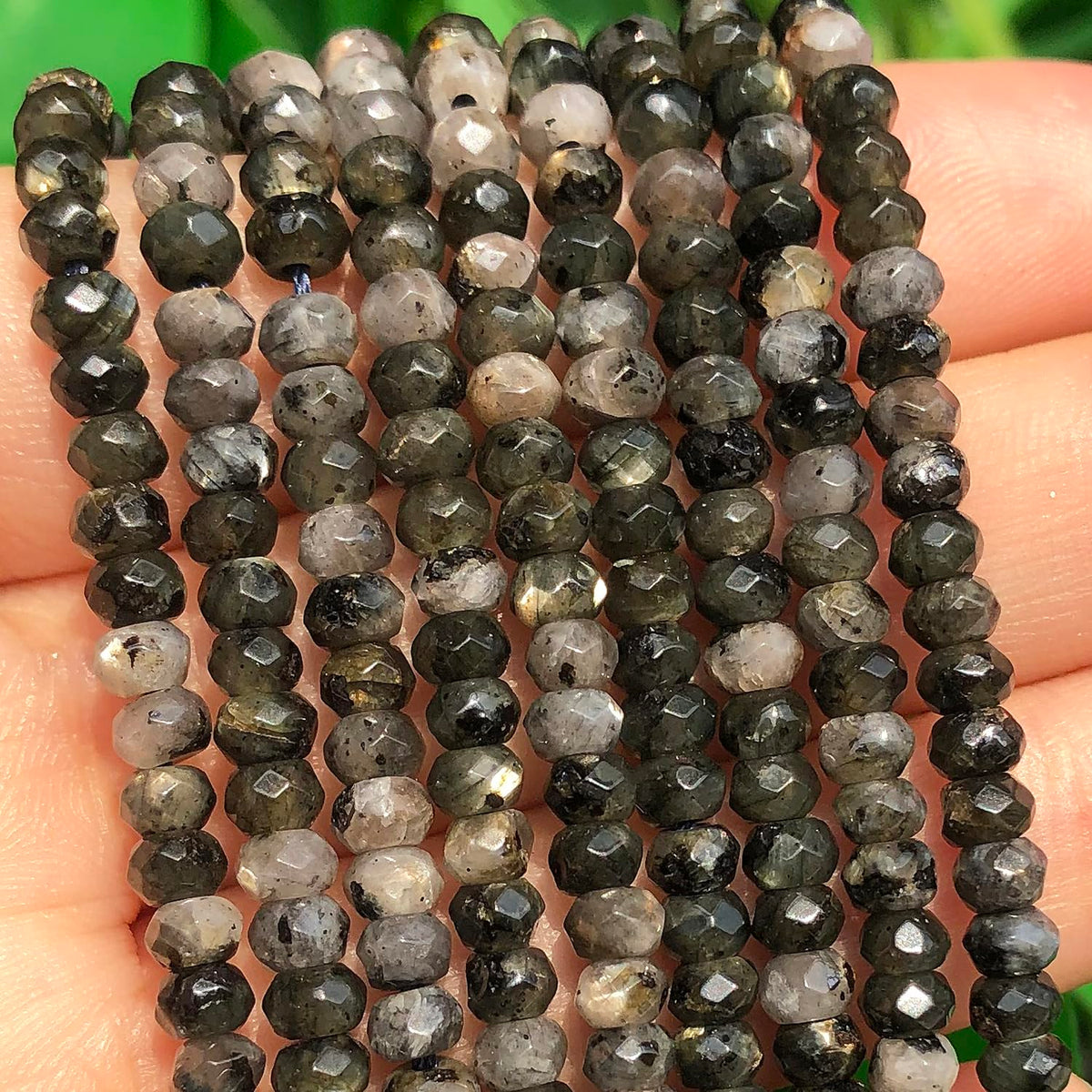 2 String 220PCS 3x5mm Natural Black Color Speckled Beads for Jewelry Making, Songxi Facted Loose Gemstone Beads for DIY Bracelet Necklace Making Supplies with Energy Healing Chakra Power