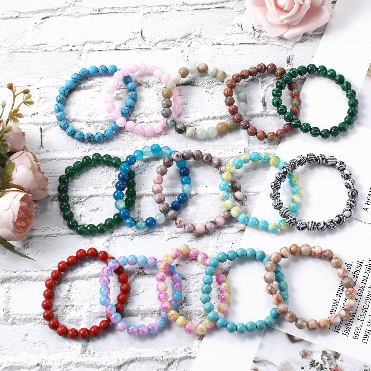 Landical 24 Pcs 8mm Gemstones Beaded Bracelets for Men Women Stretch Round Bead Bracelets Set Healing Crystal Stone Bracelets Semi Precious Bracelets