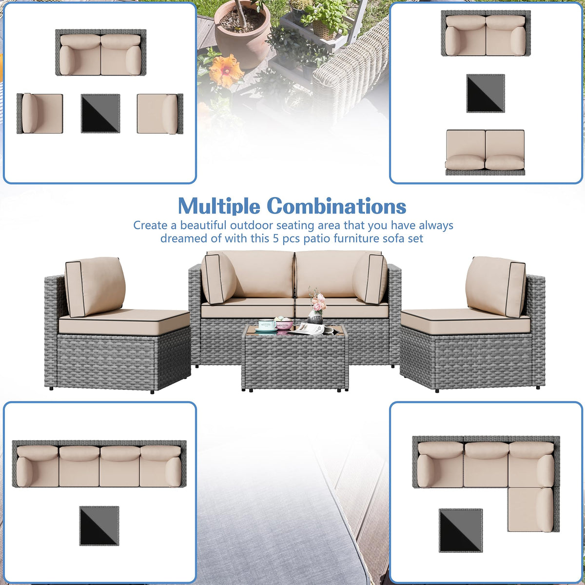 Shintenchi 5 Pieces Outdoor Patio Furniture Sets, Patio Sectional Sofa Couch, Gray PE Wicker Furniture Modular Patio Conversation Sets Patio Sofa with Washable Cushions & Table（Khaki）