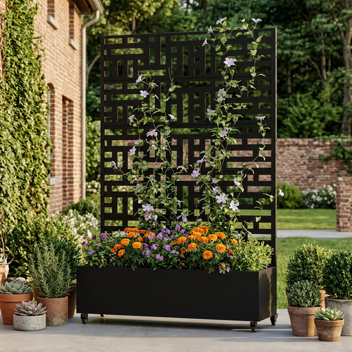 Wooakway Raised Garden Bed with Trellis, 72" H x 47" W Metal Planter Box with Privacy Screen and Wheels, 52 Gal Large Outdoor Mobile Planter for Patio, Balcony, Backyard, Climbing Plants, Black