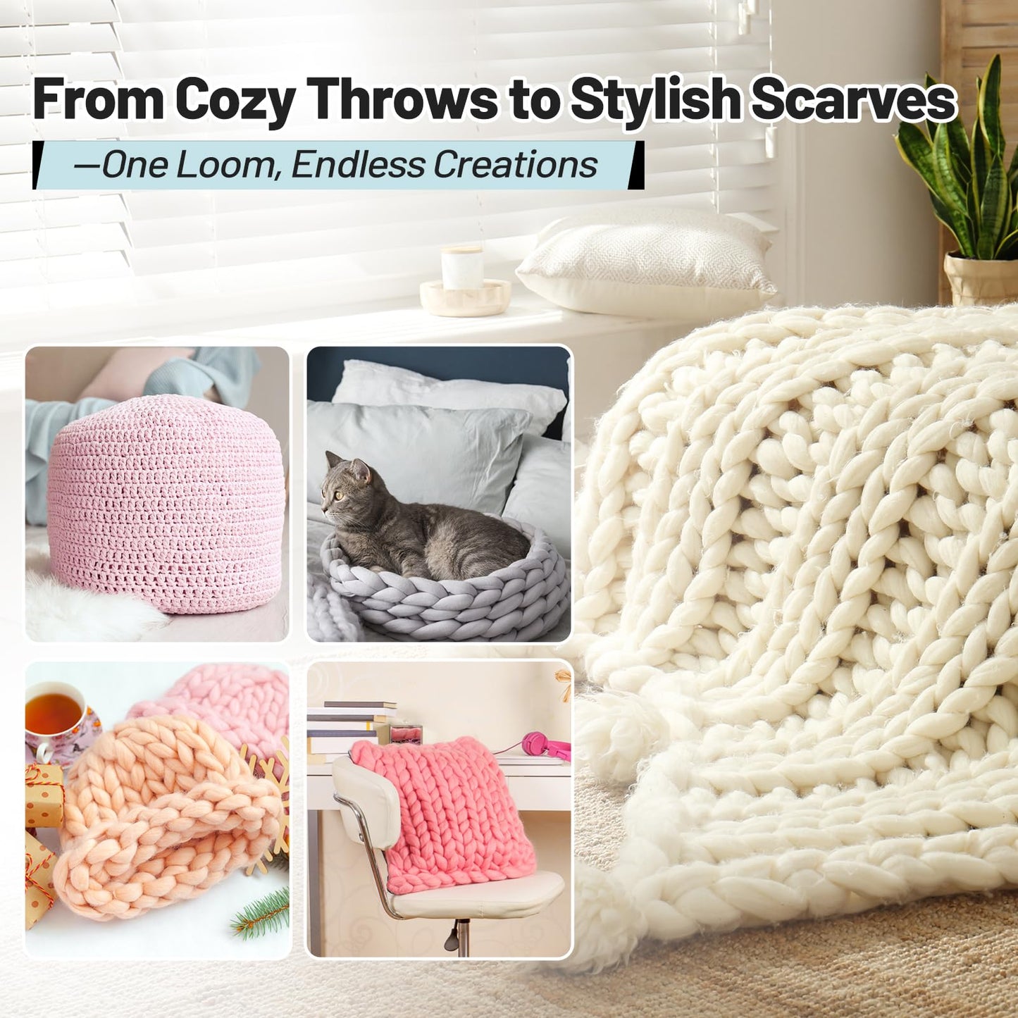 Fancyes Chunky Knitting Blanket Loom Adjustable Home Decor Weaving Loom DIY Throw Blanket Frame Hand Knitting Beginner Friendly Gift