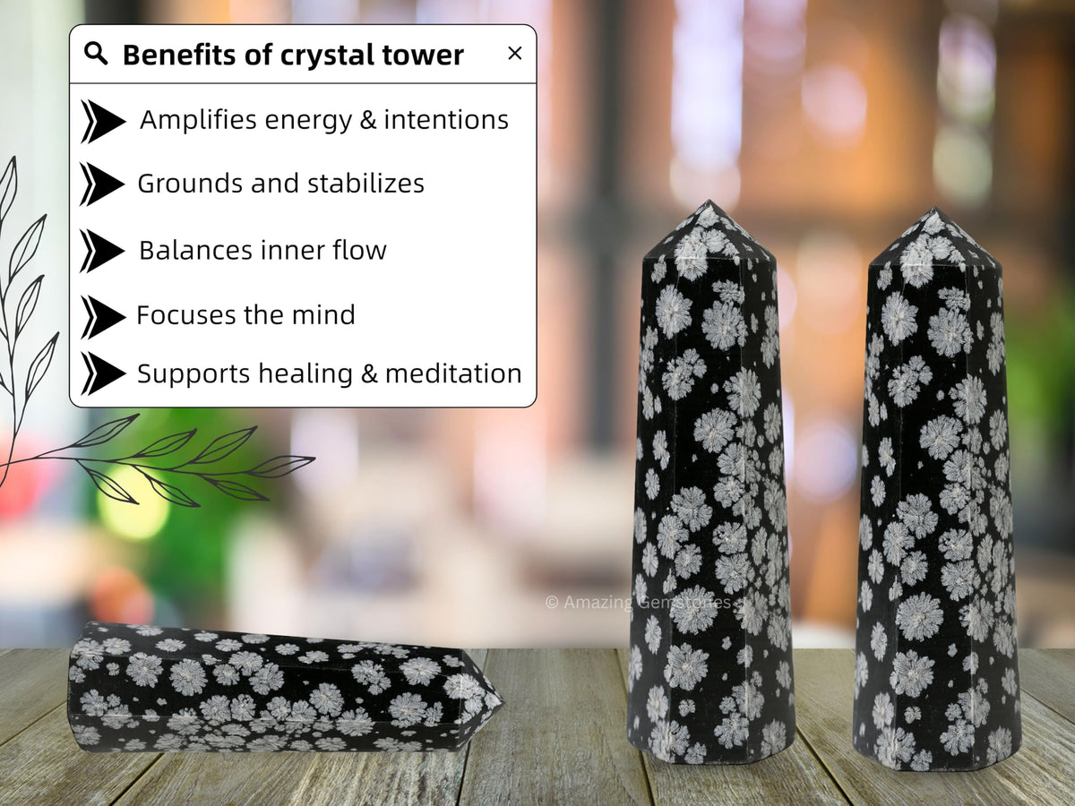 Amazing Gemstone Snowflake Obsidian Crystal Towers - Natural Healing Crystal Point Obelisk for Reiki Healing and Crystal Grid (3" to 4" INCH)