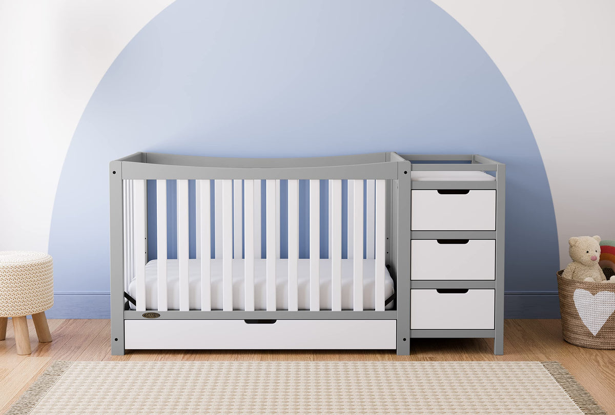 Graco Remi 4-in-1 Convertible Crib & Changer – GREENGUARD Gold Certified, Fits Standard Crib Mattress, Converts to Toddler Bed and Full Bed, 4 Adjustable Mattress Heights (Pebble Gray and White)