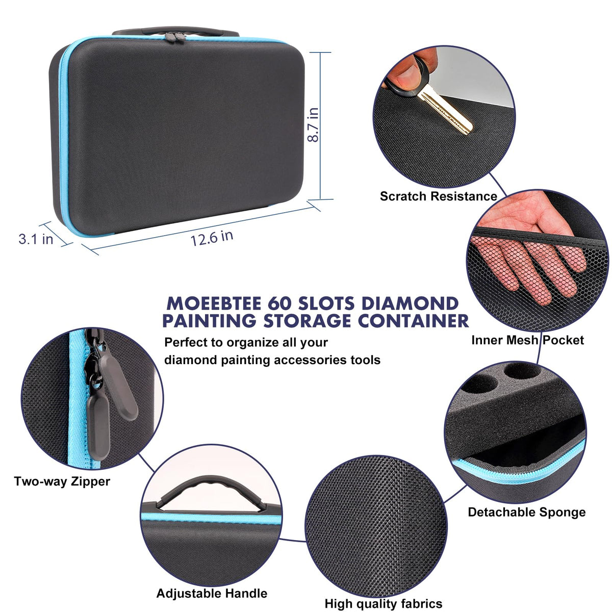 MoeeBtee Diamond Painting Organizer - 60 Slot Accessories and Tools Case, Jewelry Beads Storage Box - Blue