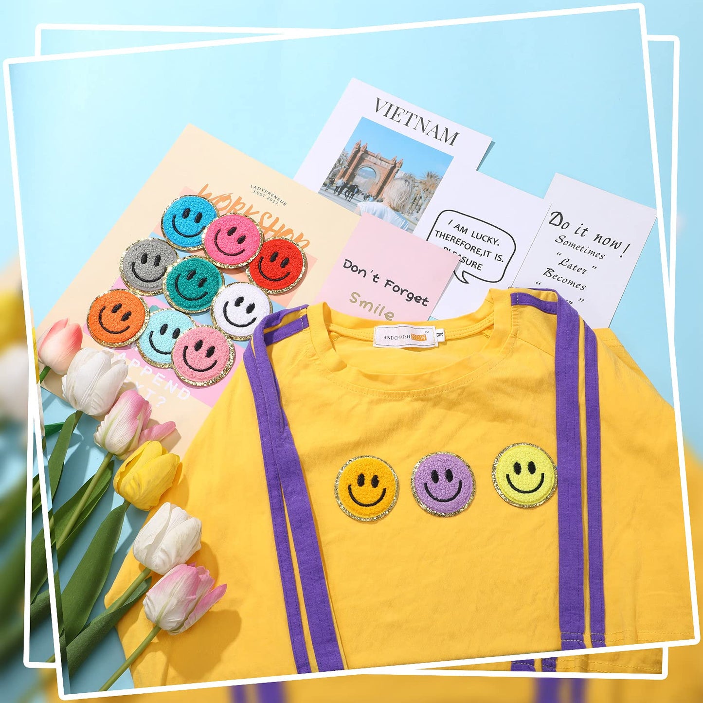 Jutom 48 Pcs Smile Face Iron on Patches Sew on Decorative Repair Patches for Clothes Hats Shirts Shoes Jeans Bags Backpacks