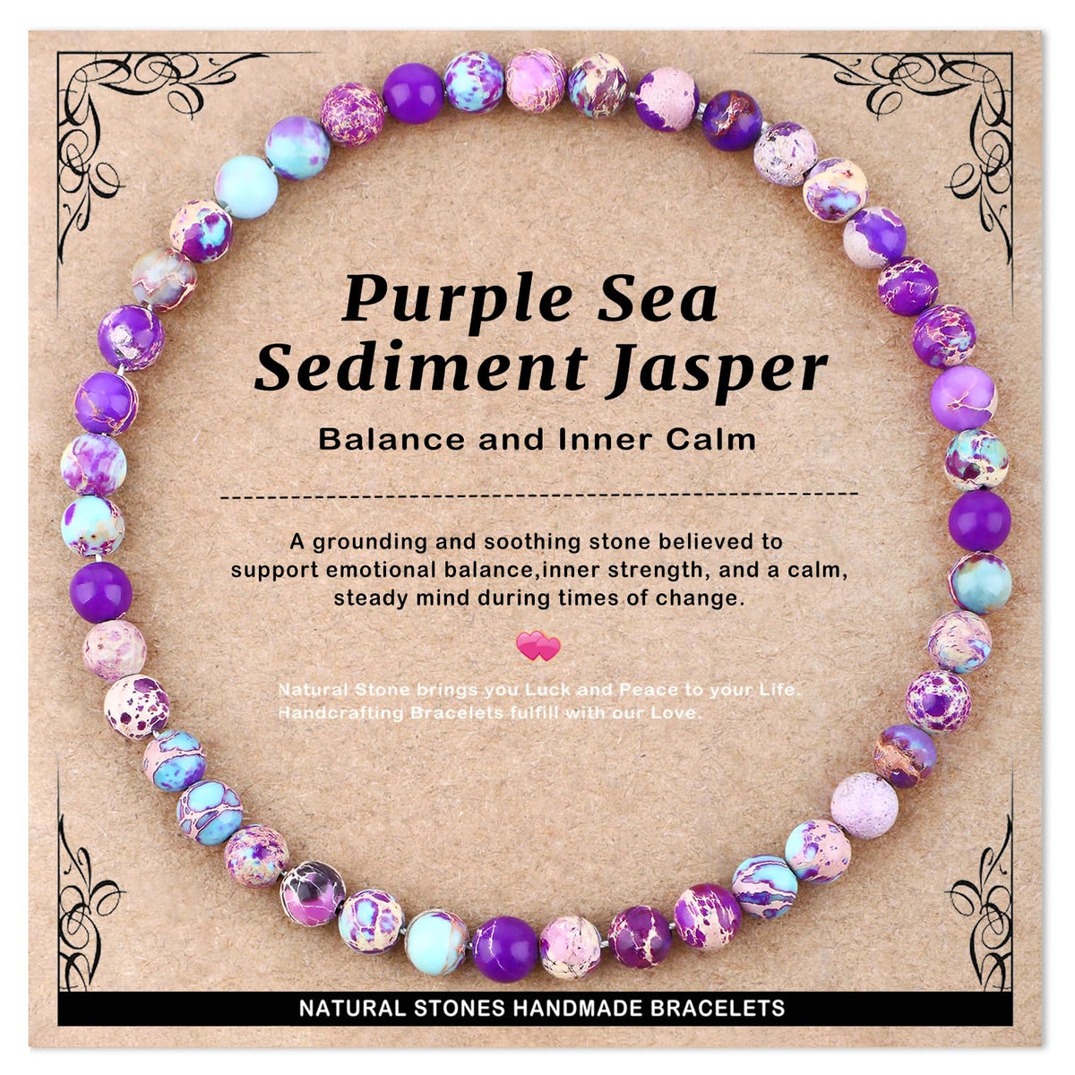 AD Beads 4mm Handmade Purple Sea Sediment Imperial Jasper Elastic Bracelet – Natural Gemstone for Joy & Positivity – Meditation, Yoga, Healing and Energy Gift for Men Women