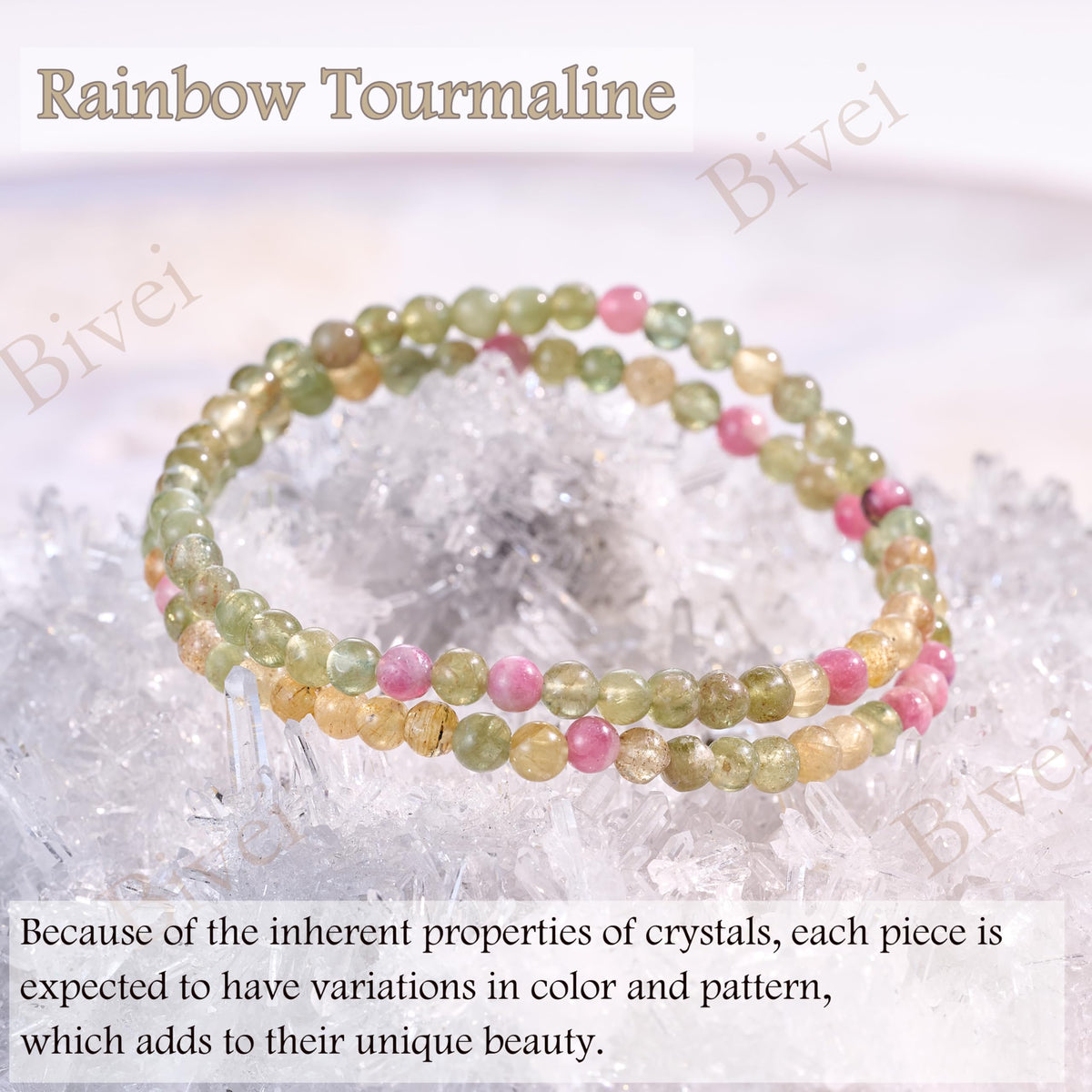 Bivei Rainbow Tournaline - Balancing - 4mm Beaded Bracelets for Women Handmade Semi Precious Natural Stone Stretch Elastic Jewelry Yoga Protection Gifts