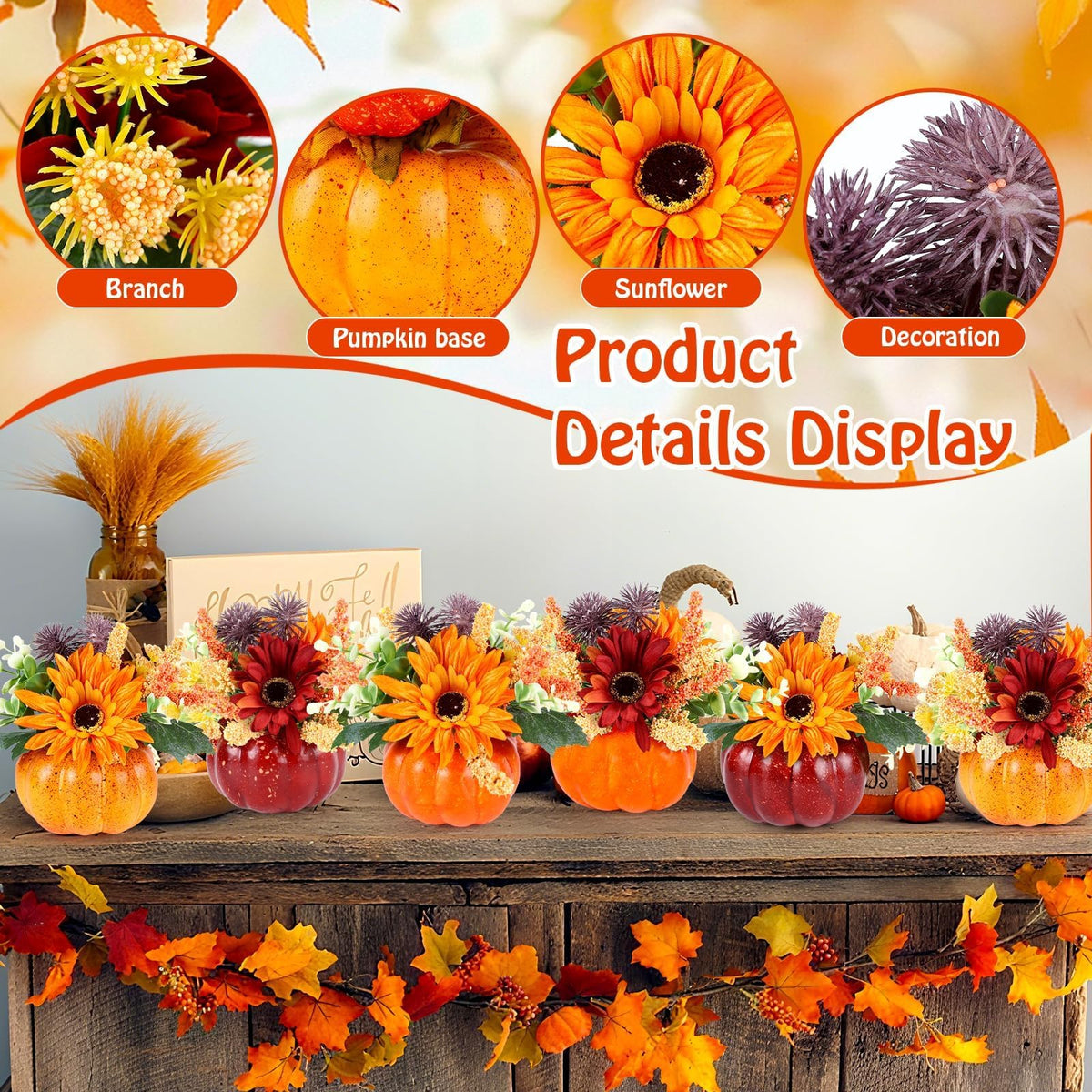 Set of 6 Mini Fall Pumpkin with Artificial Flower Decorations Thanksgiving Sunflower Centerpieces for Tables Harvest Fall Table Floral Decor Autumn Fireplace Mantle Living Room Home Kitchen Party
