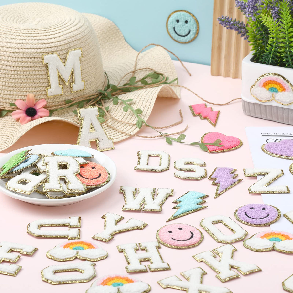 Geosar 54 Pcs 2.17 Inch Self Adhesive Chenille Letters Patches Pink Iron on Patches Preppy Embroidered Stickers for Clothing Backpack Bag Back to School Gifts(2.17 Inch,White Letter)