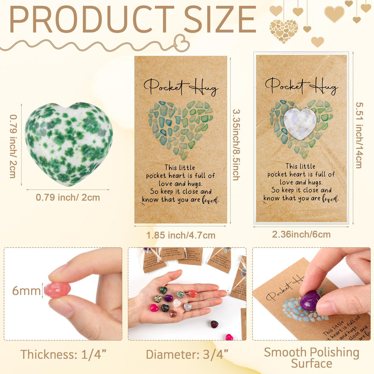 Nosiny 15 Sets Heart Stones Bulk Mother's Day Gift for Women Pocket Hug Token 0.8'' Natural Heart Crystals and Healing Stones with Card Employee Coworker Volunteer Nurse Graduation Meditation Gift