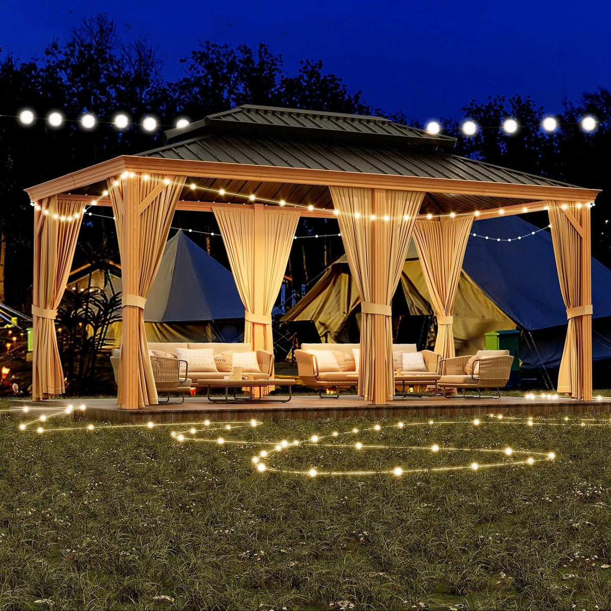 GAOMON Heavy Duty Aluminum Hardtop Gazebo with Double Metal Roof – Mosquito Netting & Privacy Curtains – Durable Outdoor Pavilion for Patio, Garden, Deck, Backyard, Lawn – Black Spray, Gray Cloth,