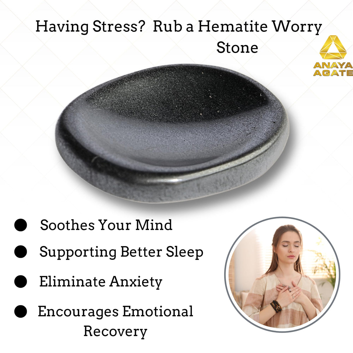 Anaya Agate Hematite Worry Stones Certified Crystal Thumb Worry Stone for Anguish, Relaxing and Soothing Balance Stones for Meditation, Stress Relief Crystals and Healing Stones for Men, Women