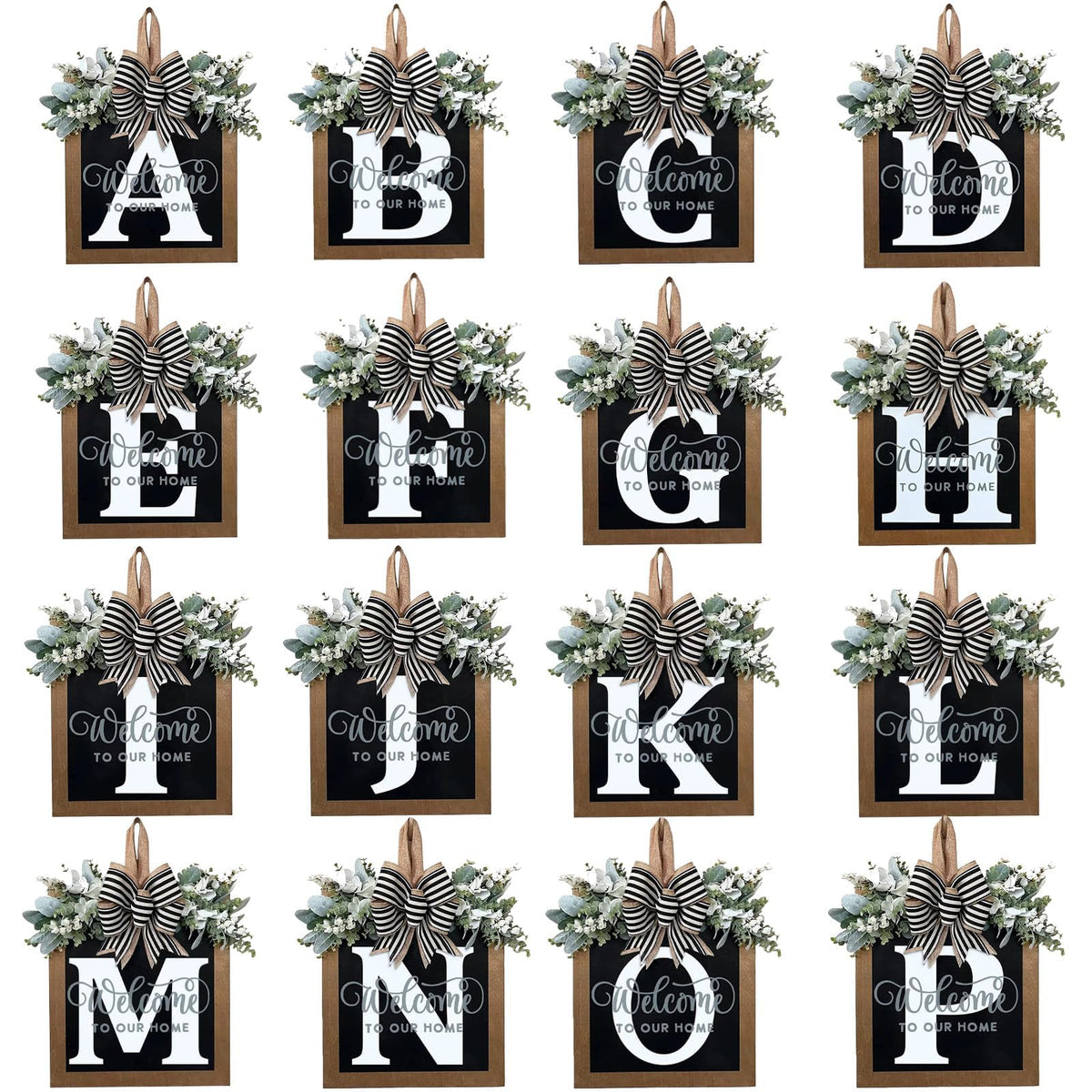 Last Name All Year Round Front Door Wreath with 26 Initial Letter Welcome Sign All Seasons Eucalyptus Garland and Bow ，Farmhouse, Porch, for Spring Summer Fall All Seasons Holiday Halloween Christmas.（P）