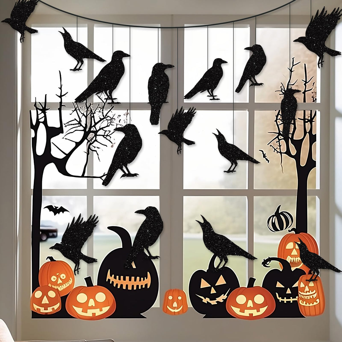 40pcs Glitter Black Crow Halloween Decorations Bird Raven Hanging Banners for Gothic Halloween Garland Backdrop Centerpiece Wall Cutouts for Horror Theme Birthday Wedding Yard Party Supplies