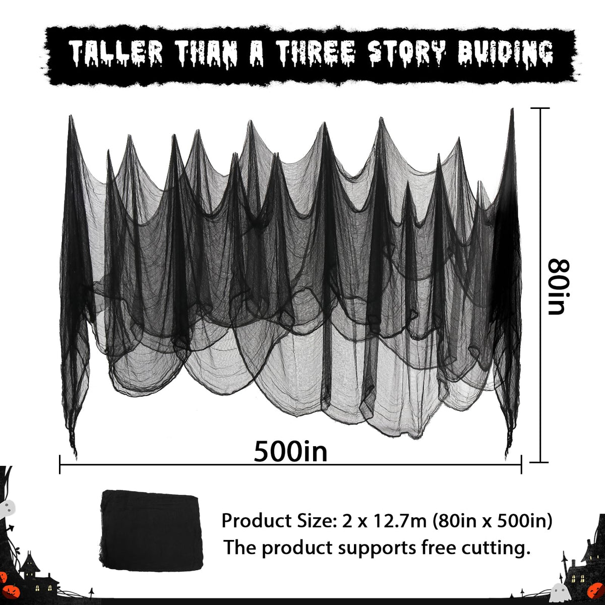 500" x 80"Halloween Creepy Cloth Black Large Spooky Fabric Cloth Halloween Decorations Outdoor for House, Window Backdrops, Garden Party Supplies, Yard, Tree, Wall Art