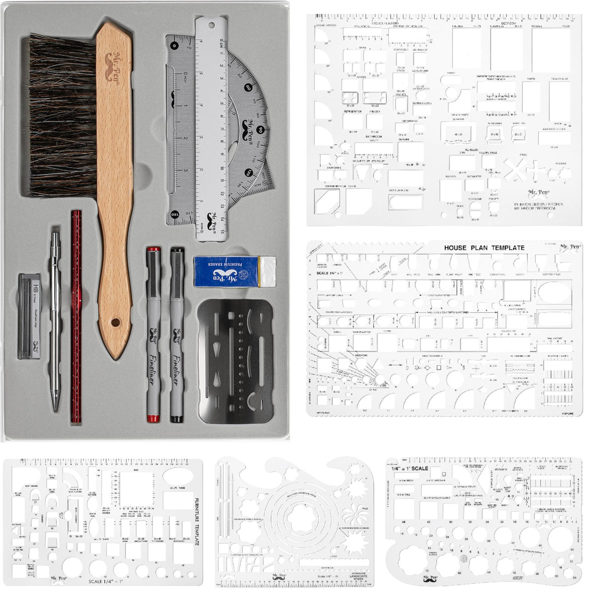 Mr. Pen- Professional Drafting Tools & Geometry Set with Case, 17 pcs, Mechanical Pencil, Fineliners, Scale Metal Ruler, Drawing Templates for Interior Design House Plan, Architect Protractor Set