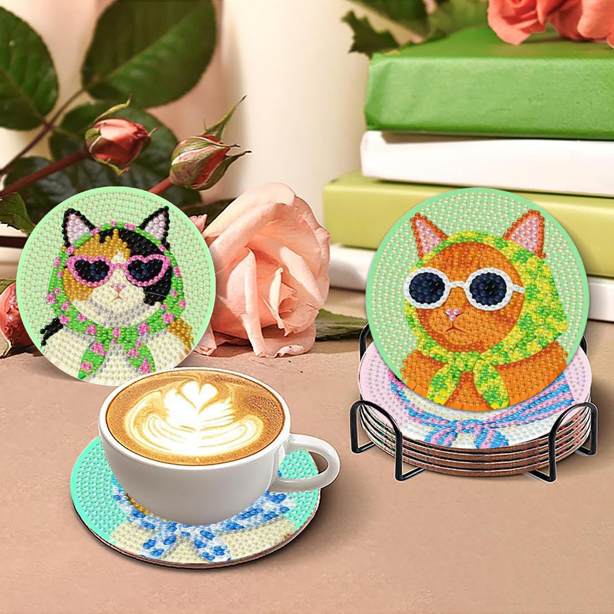 Yijingtop 8 Pcs Retro Cat Diamond Painting Coasters Kits with Holder,Funny Cat Diamond Art Coasters with Wooden Cork,DIY Round Drill Small Diamond Art for Adults for Home Wall Decor