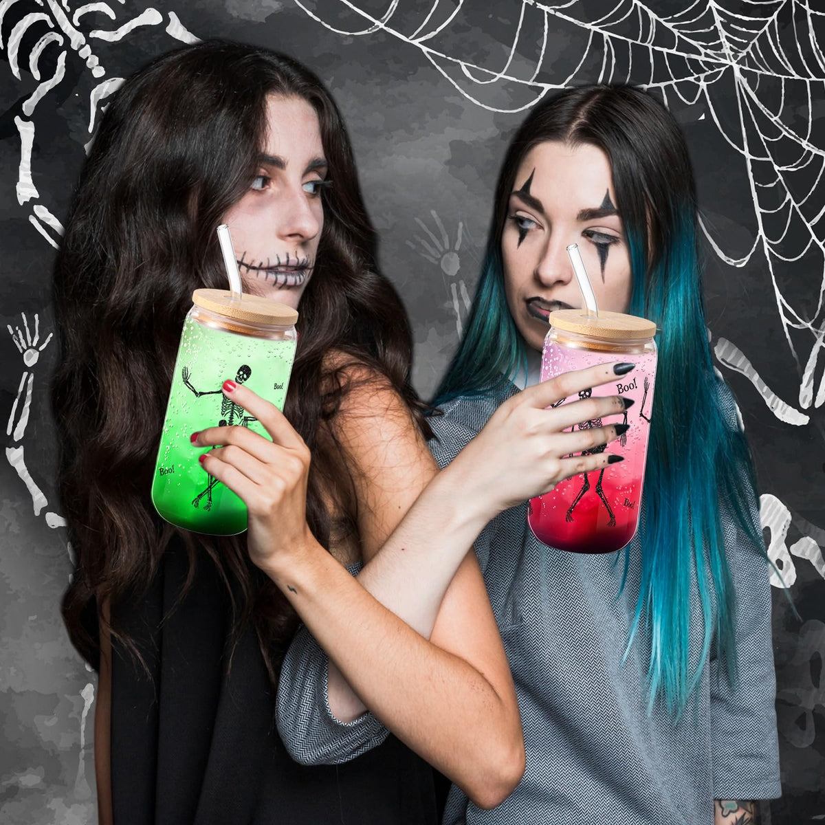 Zhehao Set of 2 16 oz Summer Halloween Skeleton Glass Cups with Lids Straws and Cleaning Brush, Skeleton Iced Coffee Cup Drinking Glasses Tumbler for Halloween Gifts Boo Basket Stuffers