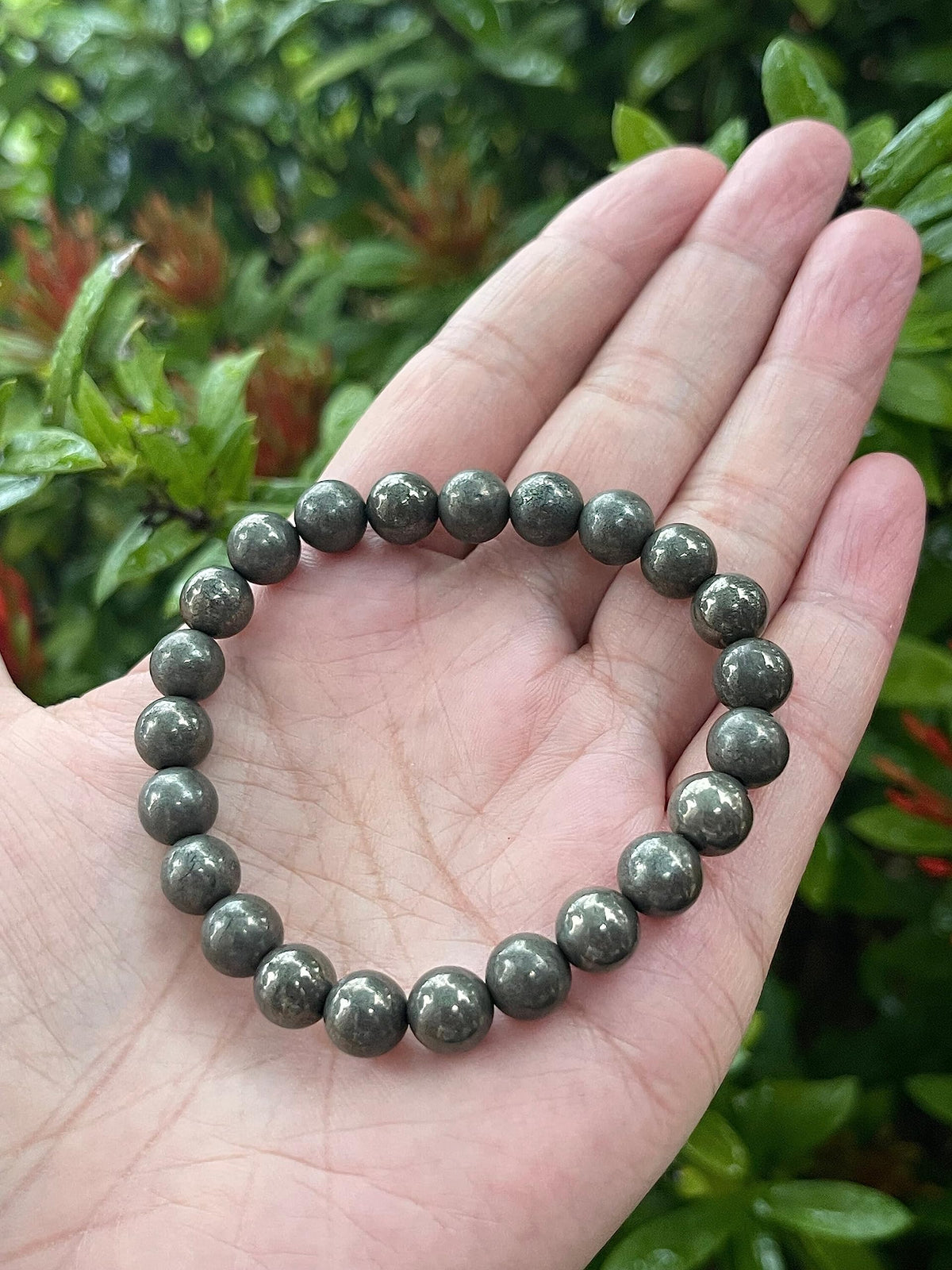 GAF TREASURES Pyrite Crystal Bead Bracelet 8mm, Genuine Pyrite Stretch Gemstone Bracelet, Healing Crystal Bracelet, Gift for Men & Women (1)