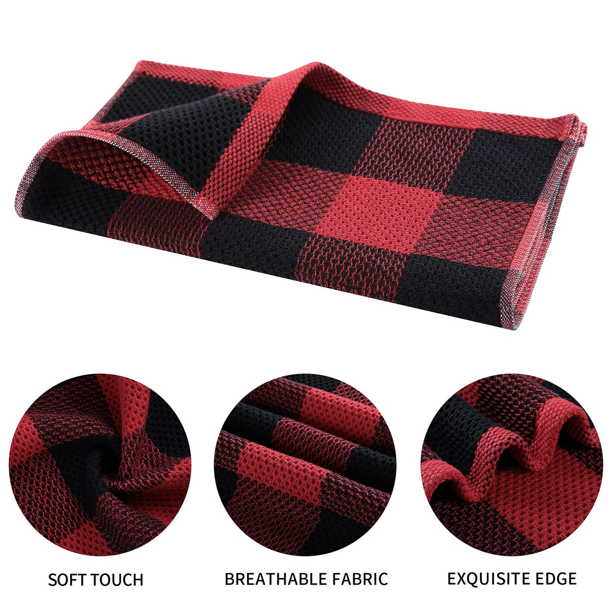 Mordimy 100% Cotton Waffle Weave Kitchen Towels, 13 x 28 Inches, Super Soft and Absorbent Buffalo Check Dish Towels for Drying Dishes, 4-Pack, Black & Red