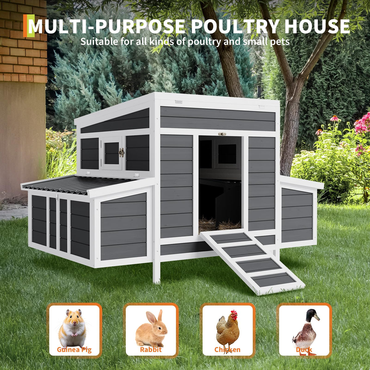Large Wooden Chicken Coop,Wooden Hen House for 4-6 Chickens – Outdoor Poultry & Rabbit Cage with 6 Nesting Boxes, No-Slip Ramp, Pull-Out Tray, Openable Roof & Window